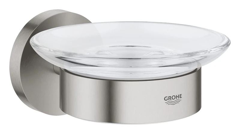 GROHE Start QuickFix Soap Dish with Holder (Metal and Glass, Concealed Fastening, Including Screws and Dowels, Extra Easy to Fit with GROHE QuickGlue), Size 125 x 58, Stainless Steel Look, 41193DC0