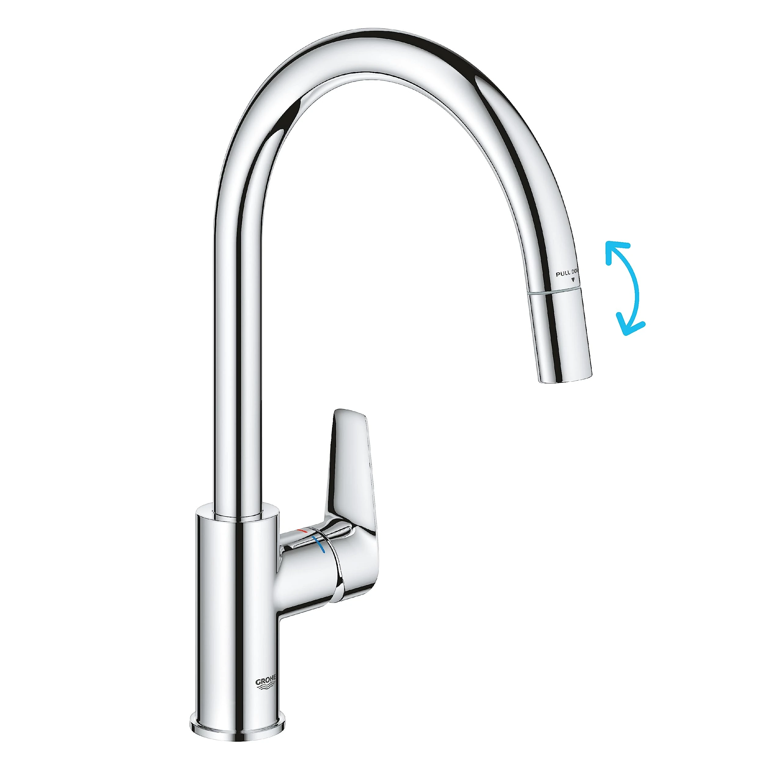 GROHE Start Edge QuickFix - 1 Lever Kitchen Sink Mixer Tap with Pull-Out Function (High C-spout, 360° Swivel Area, 28 mm Ceramic Cartridge, Tails 3/8 Inch, High Pressure), Size 357mm, Chrome, 30551000
