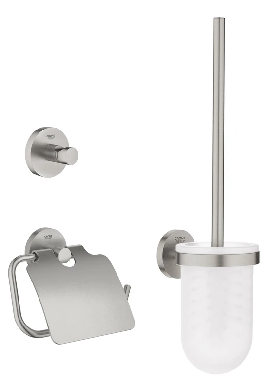 GROHE Start QuickFix 3-in-1 Toilet Accessories Set (Toilet Roll Holder with Cover, Toilet Brush, Robe Hook), Extra Easy to Fit with GROHE QuickGlue, Stainless Steel Look, 41204DC0