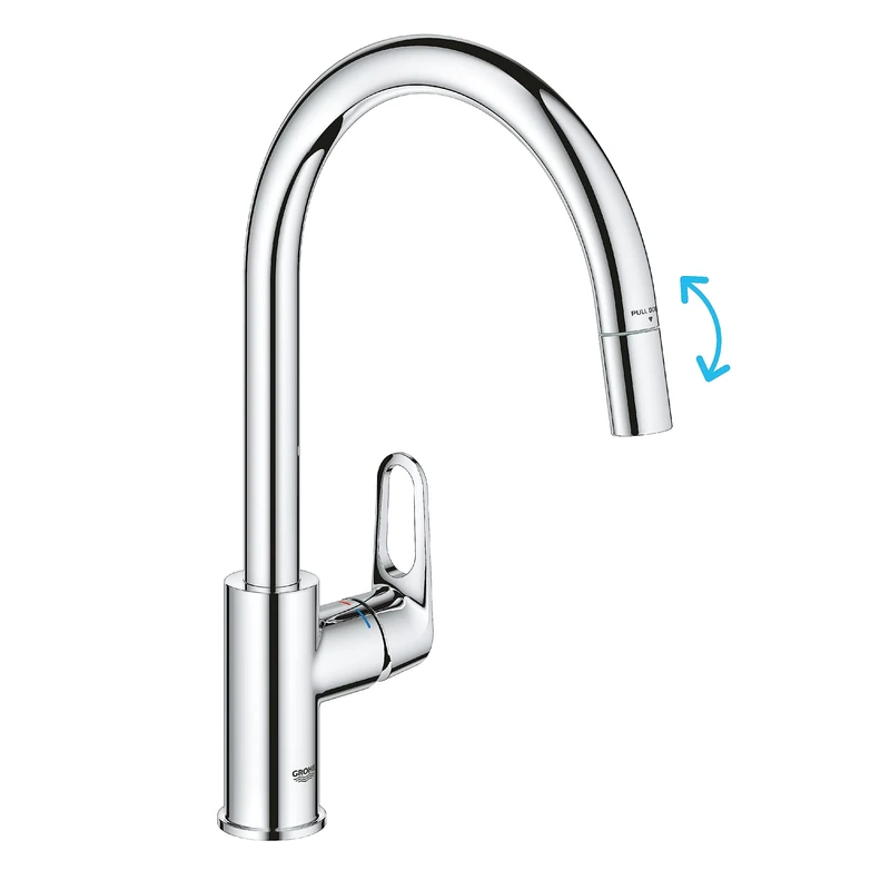 GROHE Start Flow QuickFix - Extenable Kitchen Mixer Tap with Pull-Out Function (High C-spout, 360° Swivel Area, 28 mm Ceramic Cartridge, Tail 3/8 Inch, High Pressure), Size 357 mm, Chrome, 30569000