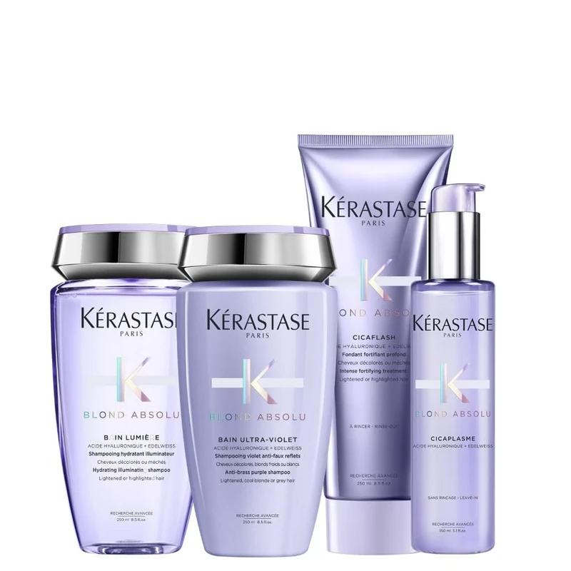 Kérastase Blond Absolu, Routine For Damaged Blonde Hair Incl. Bleached and Highlighted Hair, Contains Hydrating Shampoo, Anti-Brass Purple Mask, Repairing Conditioner & Heat Protectant Serum, Quad Set