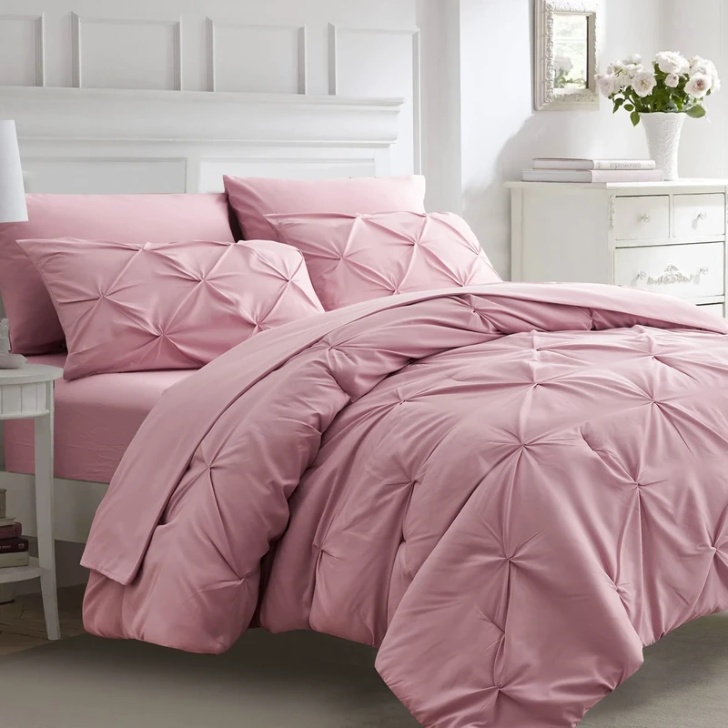Ubauba 7pc King Size Comforter Set with Sheets, Blush 7 Piece Pintuck Bed in a Bag with Comforters and Sheets, Soft Fluffy Pinch Pleat Bedding Sets for Women (Pink,King)