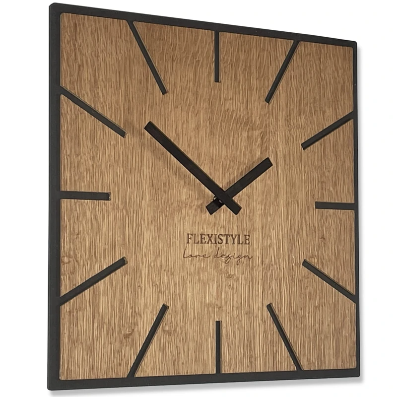 FLEXISTYLE Modern Square Large Wall Clock, Eco Wood, 40 cm, Silence, Wood Look, Oak, Living Room, Bedroom, Made in EU (Exact 40 cm)