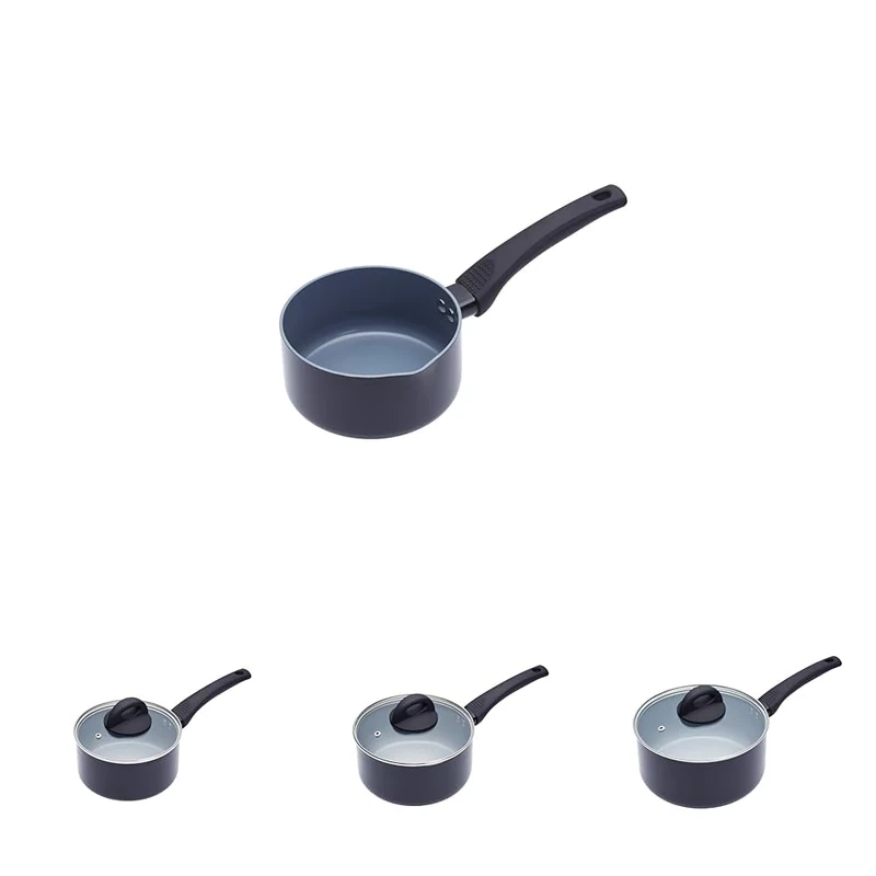 Bundle of MasterClass Milk Pan, Ceramic Eco Milk Pan and 3 Induction-Safe Non-Stick Ceramic Eco Saucepans, 16 cm, 18 cm + 20 cm