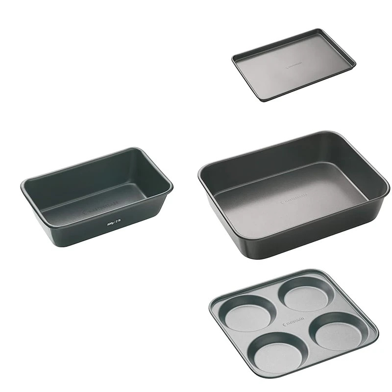 Bundle of MasterClass Large Roasting Tin, Deep, Non-Stick, 39 x 28 x 7 cm + Baking Tray 39 x 27 cm + 4 Hole Yorkshire Pudding Tray, 24 cm + Non-Stick Loaf Tin, 23x13cm, 900g/2lb