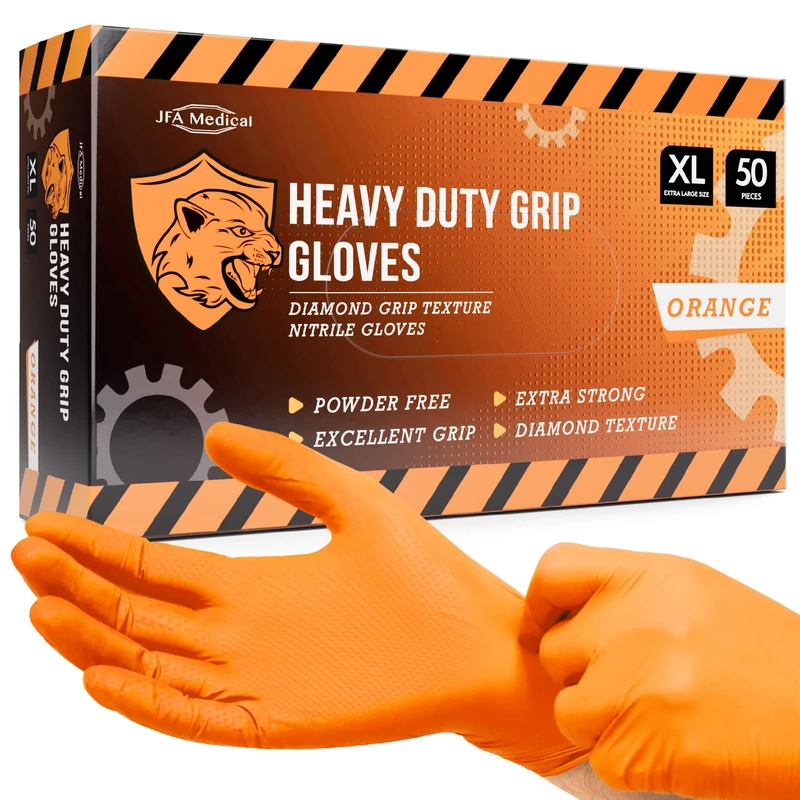 JFA Medical Disposable Heavy Duty Mechanic Powder Free Latex Free Orange Diamond Grip Nitrile Gloves - Box of 50 (Extra Large)