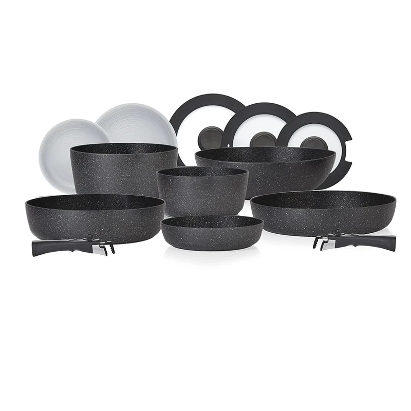 Tower Freedom 13pc Detachable Handles Cookware Set with Precision Black Diamond Coating, Induction Compatible, Stackable Design, Black