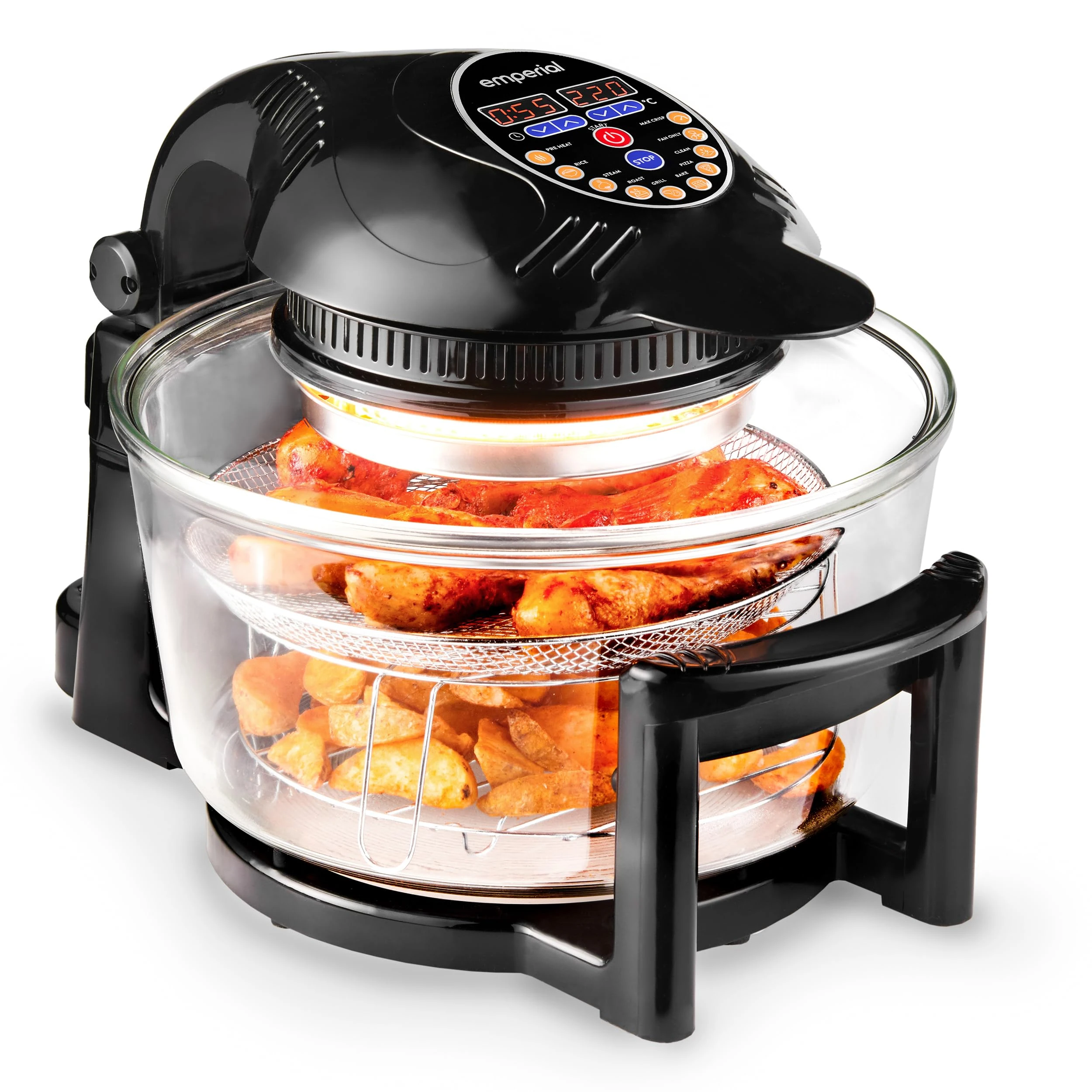 Emperial Digital Halogen Oven 12-17L Air Fryer with Hinged Lid – 10 Pre-Set Modes, Includes Accessories Pack, Timer, Adjustable Temperature Control & Extender Ring