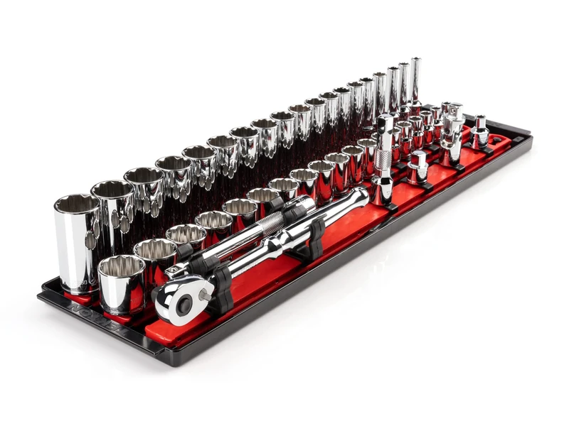 TEKTON 3/8 Inch Drive 12-Point Socket and Ratchet Set with Rails and Tray, 44-Piece (6-24 mm) | SKT13202