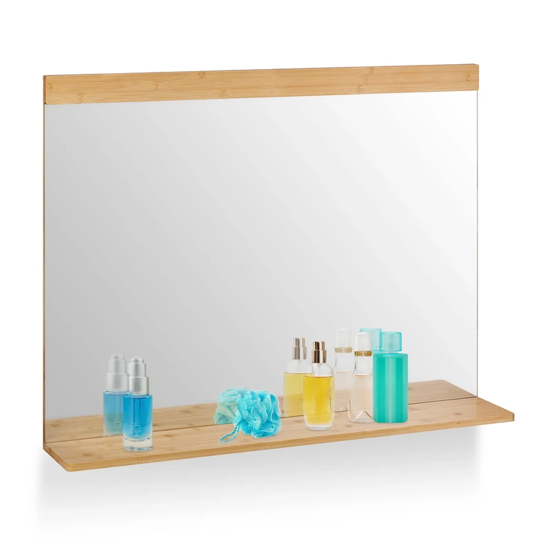 Relaxdays Wall Mirror with Shelf, Bamboo Frame, 68.5 x 90 cm