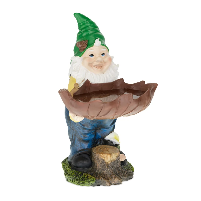 Relaxdays Garden Gnome with Bird Bath, Weather & Frost Resistant, 36 x 22 x 22 cm, Figurine, Polyresin, Multicoloured