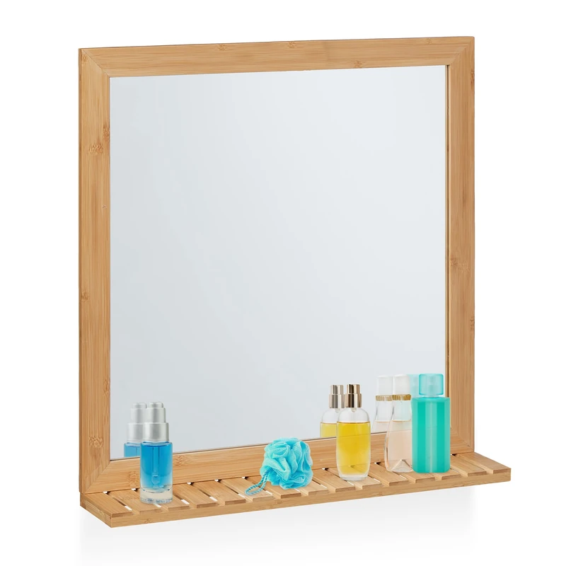 Relaxdays Wall Mirror with Shelf, Bamboo Frame, HxWxD 61.5 x 60 x 12 cm, Bathroom & Toilet, Hallway & Bedroom, Natural
