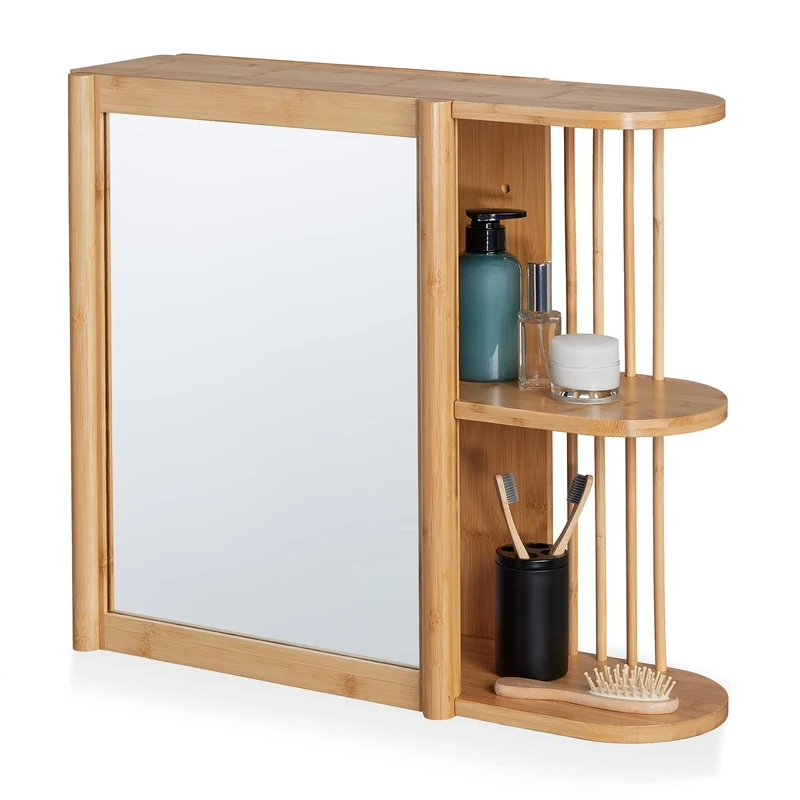 Relaxdays Wall Shelf with Mirror, Bamboo, 2 Half Open Shelves, 53x62x20 cm, Bathroom, Hanging, Cabinet, Natural Wood