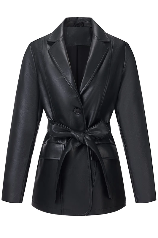 RISISSIDA Women Faux Leather Blazer Jackets/Shacket for Spring and Fall Fashion, Vegan Leather Button Down Coats, Blazer-black-with Detachable Belt, M