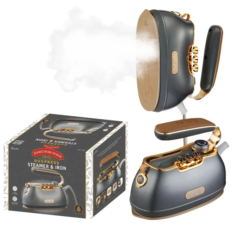 SALAV IS-900A Retro Hand Steamer + Iron, Ceramic Steam Plate, 1000 Watt Steam, Removes Wrinkles in Clothes (Steam and Iron, Titanium)