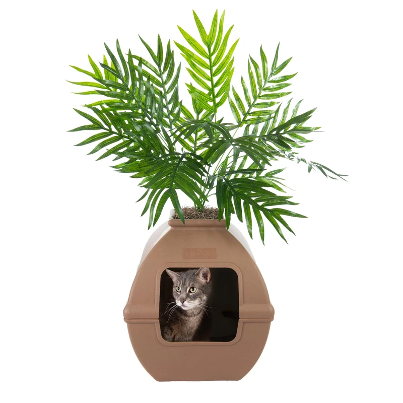 Good Pet Stuff, The Courtyard Hidden Litter Box, Artificial Plants & Enclosed Square Cat Planter Litter Box, Vented & Odor Filter, Easy to Clean, Mocha Brown