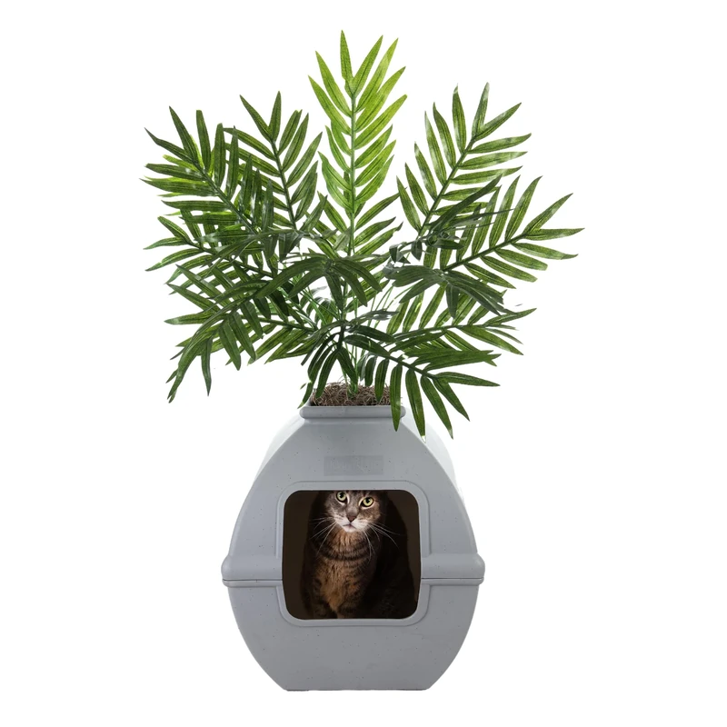 Good Pet Stuff, The Courtyard Hidden Litter Box, Artificial Plants & Enclosed Square Cat Planter Litter Box, Vented & Odor Filter, Easy to Clean, Stone Gray