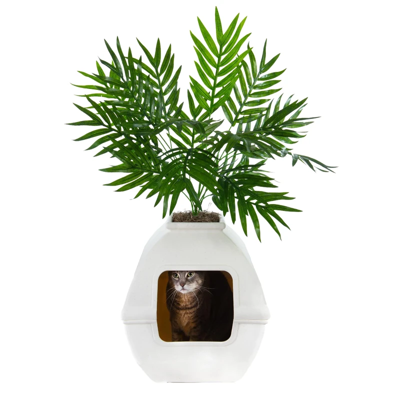 Good Pet Stuff, The Courtyard Hidden Litter Box, Artificial Plants & Enclosed Square Cat Planter Litter Box, Vented & Odor Filter, Easy to Clean, White Birch