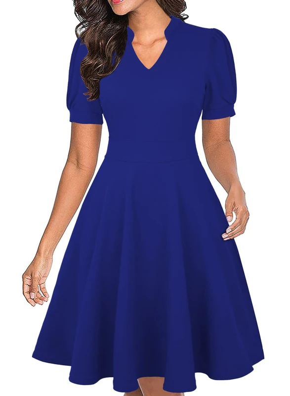 Mokayee Womens Summer Short Puff Sleeve Casual Semi-Formal Fit and Flare Church Wedding Guest Work Dresses with Pockets, 0 Royal Blue, L