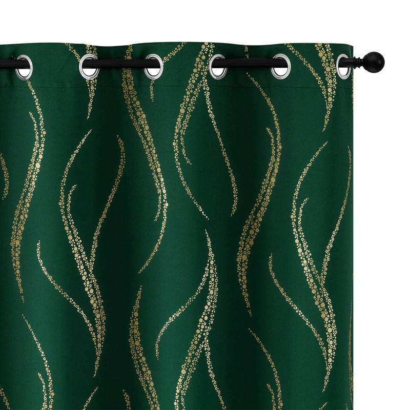 Yakamok Blackout Curtains 84 inch Length Living Room Thermal Insulated Gold Wave Line Dots Pattern Curtains Room Darkening Grommet Curtains for Bedroom, Emerald Green, W52 x L84-inch, 2 Panels
