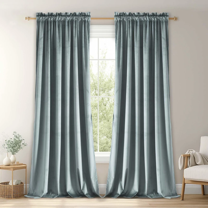 JIUZHEN Stone Blue Velvet Curtains 90 inches for Living Room - Thermal Insulated Room Darkening Rod Pocket Thick Velvet Window Drapes for Bedroom/Dining Room, Set of 2 with Tiebacks, W70 x L90inches