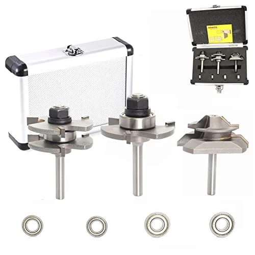 Sinoprotools Tongue and Groove Router Bit 1/4" Shank, 3 Teeth T Shape Tongue Groove Router Bits Set + 45° Lock Miter Router Bit, Joint Router Bits with 4 Bearings, Gift for DIY Woodworking-3Pcs