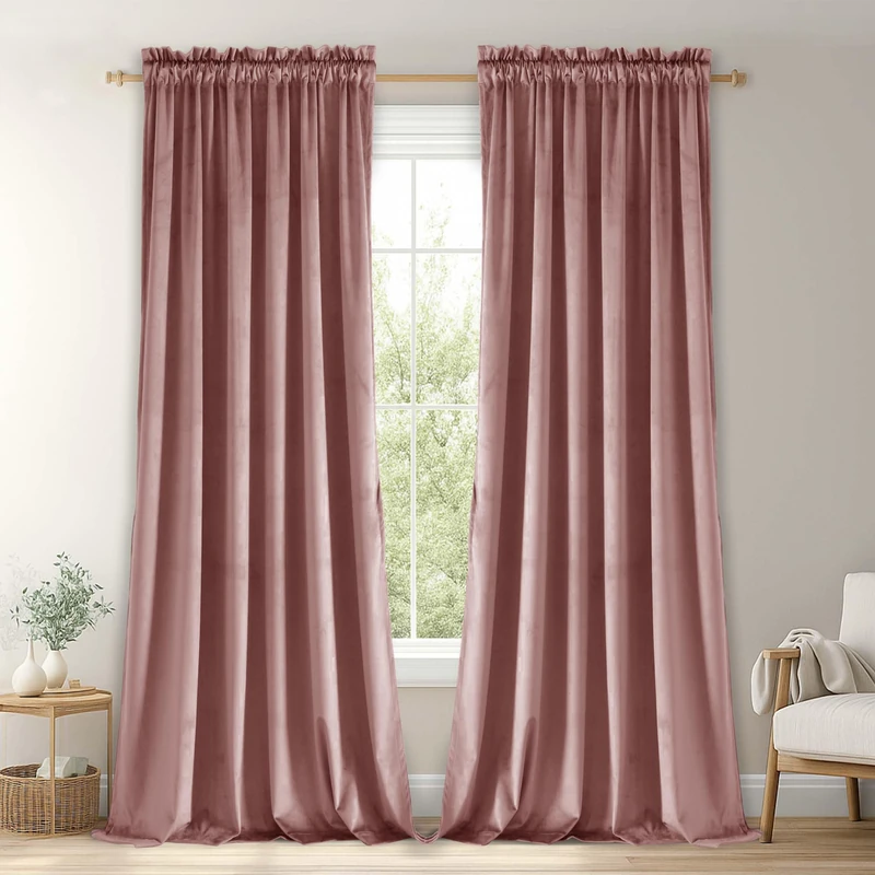 JIUZHEN Wild Rose Velvet Curtains 90 inches for Living Room - Thermal Insulated Room Darkening Rod Pocket Thick Velvet Window Drapes for Bedroom/Dining Room, Set of 2 with Tiebacks, W60 x L90inches