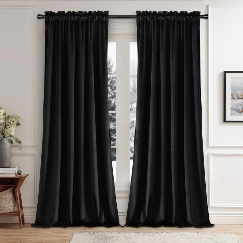 JIUZHEN Black Velvet Curtains 90 inches - Thermal Insulated Room Darkening Rod Pocket Thick Velvet Window Drapes for Bedroom/Dining Room, Set of 2 with Tiebacks, W70 x L90inches
