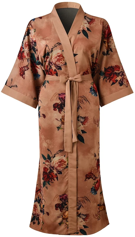 Ledamon Women's Plus Size Kimono Robe Long for Women - Pocket Floral Bathrobe Nightgown (Polyester, Champagne)