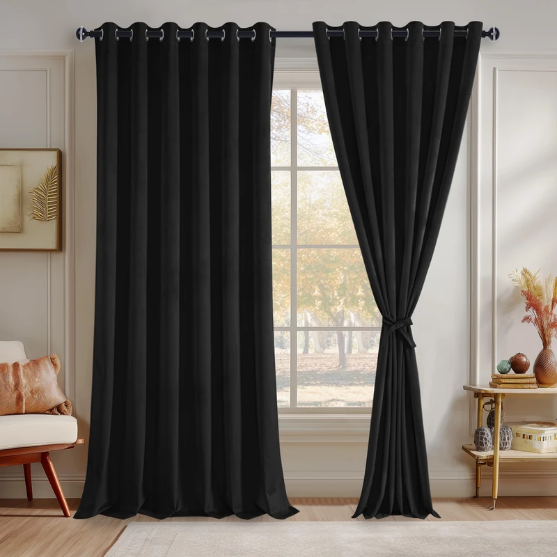 JIUZHEN Black Velvet Curtains 108 inches for Living Room - Thermal Insualted Room Darkening Grommet Thick Velvet Window Drapes for Bedroom/Dining Room, Set of 2 with Tiebacks, W70 x L108