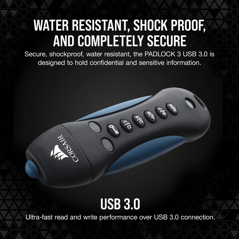 Corsair Flash Padlock 3, 256 GB Secure USB 3.0 Flash Drive with Keypad (256-bit AES Encryption, FIPS 197 Security Standards, Ruggedised Rubber Housing, Built-in PIN Pad) Black/Blue