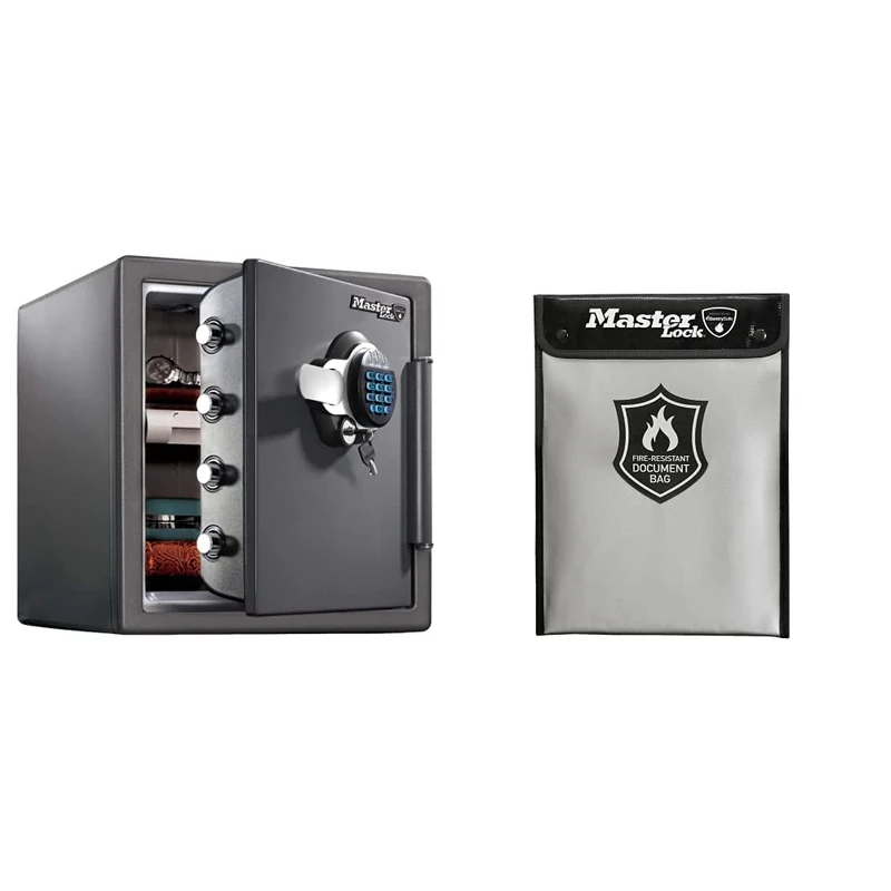 Master Lock Fireproof Safe and Fireproof Bag LTW123GTC + FBWLZ0EURHRO, Fireproof and Waterproof, 33.6 L