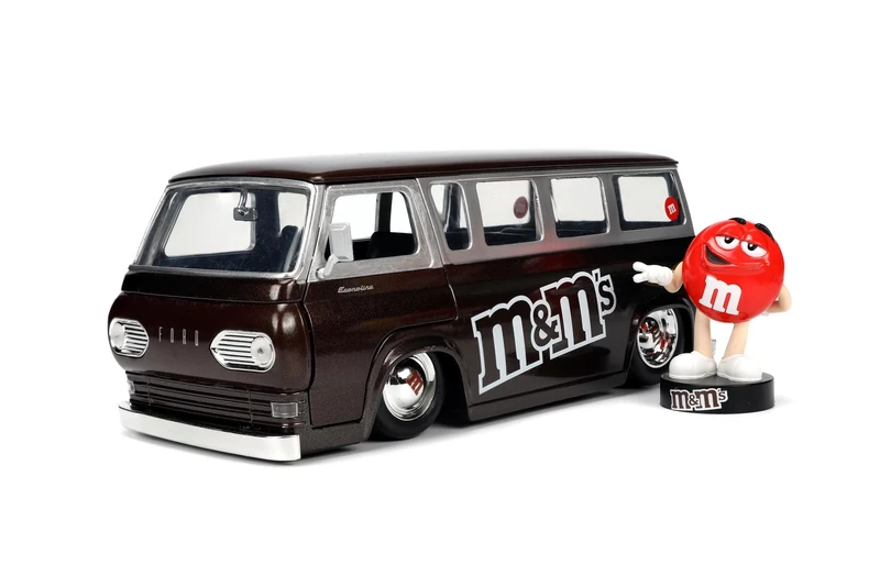 Jada Toys M&Ms Red 1965 Ford Econoline Van 1:24 and M&M Collectible Figure - Image 1
