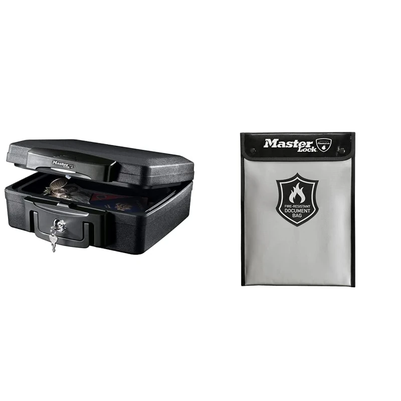 Master Lock Fireproof Document Box and Bag H0100EURHRO + FBWLZ0EURHRO, Fireproof and Waterproof, Small