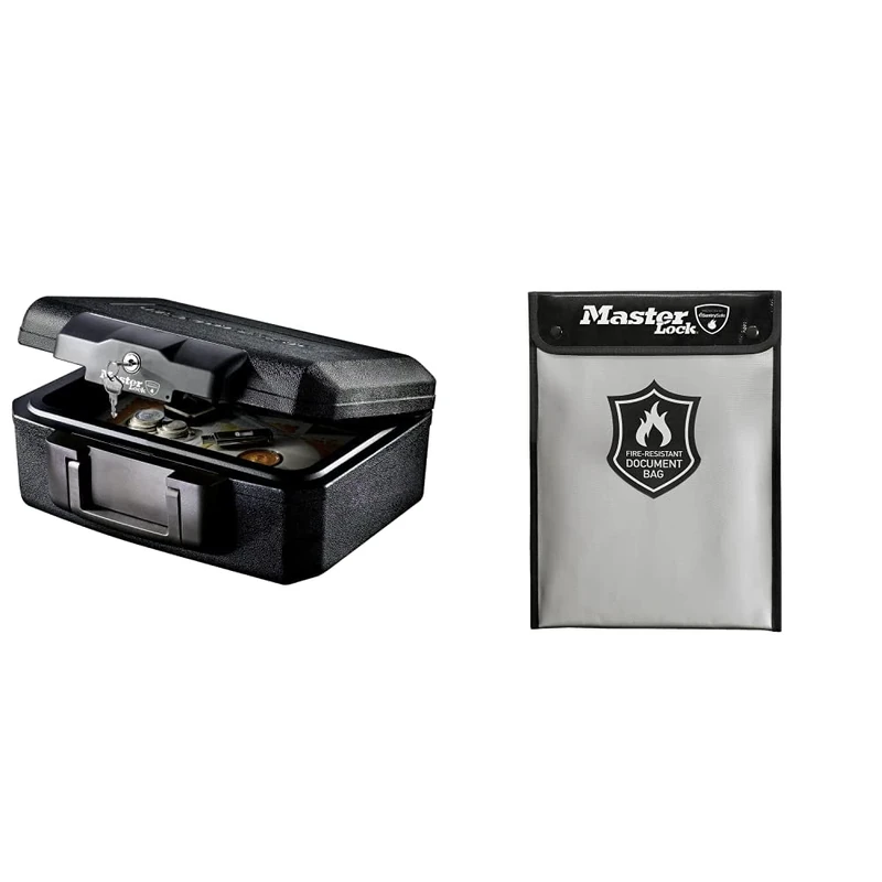 Master Lock Fireproof Document Box and Bag L1200 + FBWLZ0EURHRO, Fireproof and Waterproof, Small
