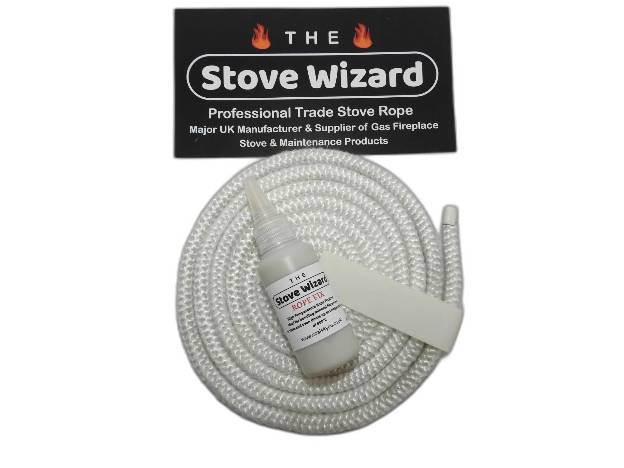The Stove Wizard White Stove Rope Kit 12mm x 2.5m with Large 50ml Adhesive for Wood Burning Stoves
