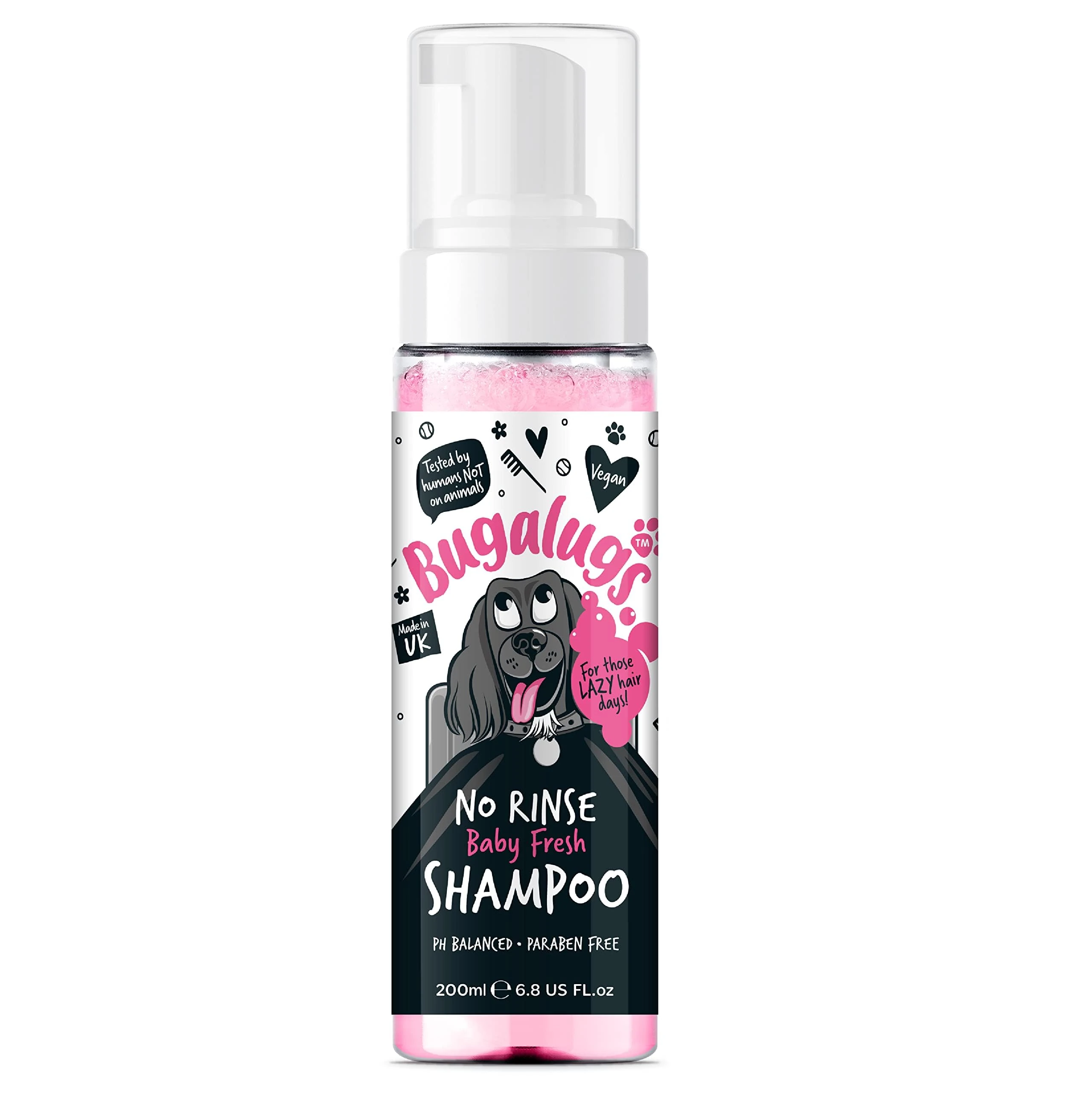 BUGALUGS No Rinse Baby Powder Dog Shampoo – coat Dry quick bath for dogs itchy skin relief. Puppy Professional groom spray foam (No 200ml), (BSNRBF200)
