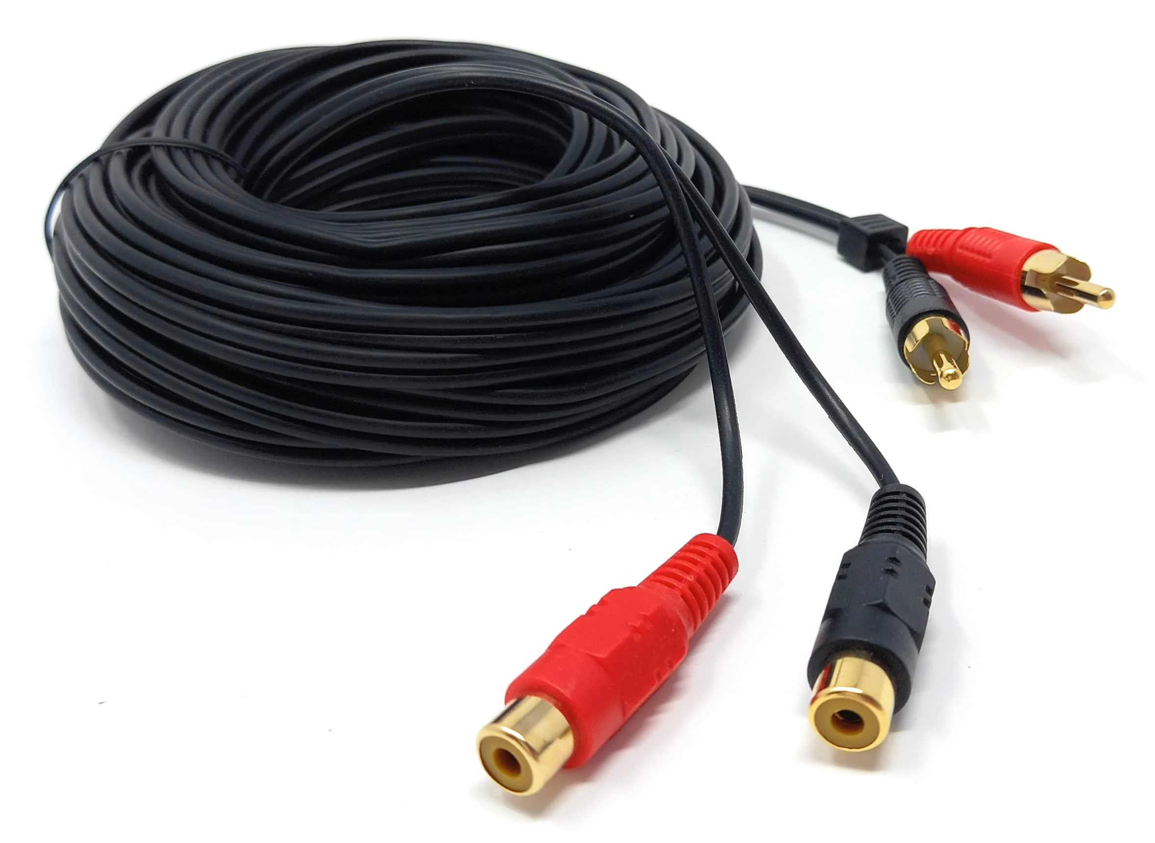 DRUT 10m Twin 2 x RCA to RCA Phono Audio Extension Lead Male to Female Cable 33ft, Black Gold Connectors