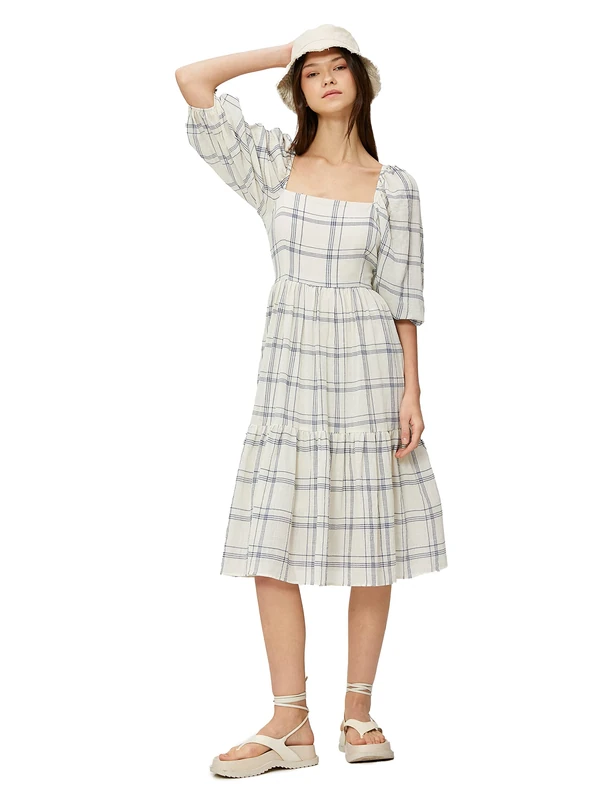 Koton Women's Cotton Gimped Puff Sleeve Midi Dress, Navy Check (7c0), 10