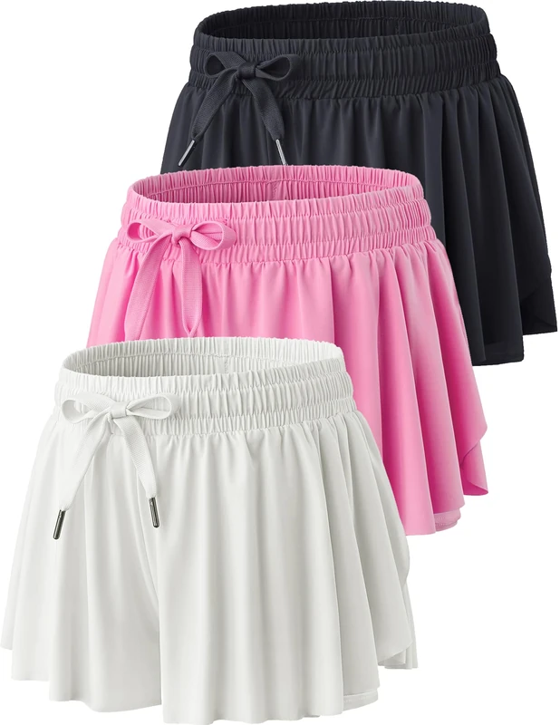 Liberty Pro 3 Pack Womens Flowy Running Shorts, 2-in-1 Butterfly Skirts with Shorts Underneath Spandex Athletic Casual Gym Workout Lounge, Pink/White/Black, M - Image 1