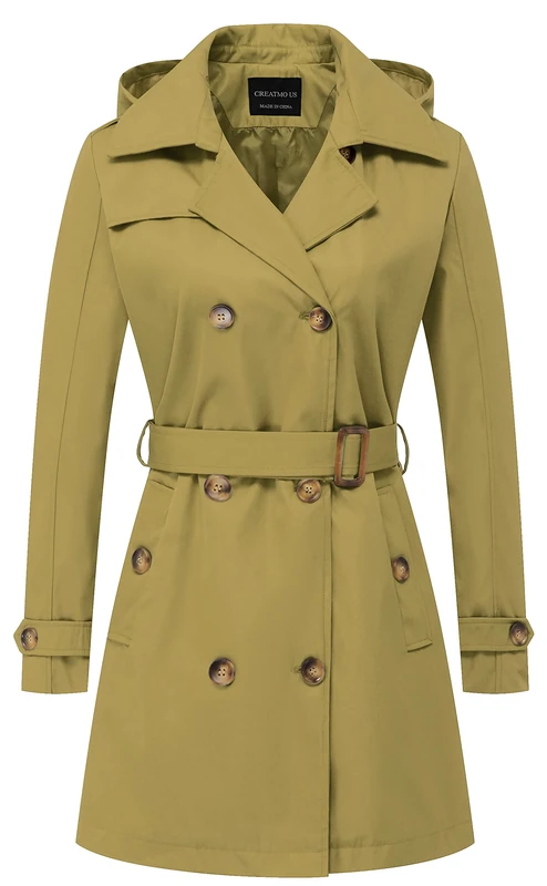 CREATMO US Women's Trench Coat Double-Breasted Classic Lapel Overcoat Belted Slim Outerwear Coat with Detachable Hood, Olive Yellow, Large (CMU-FY278)