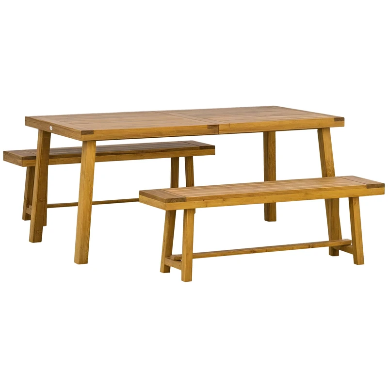 Outsunny 3 Pieces Picnic Bench Set with Table and 2 Benches, Acacia wood Dining Trestle Beer Table and Seat, Natural Wood Finish
