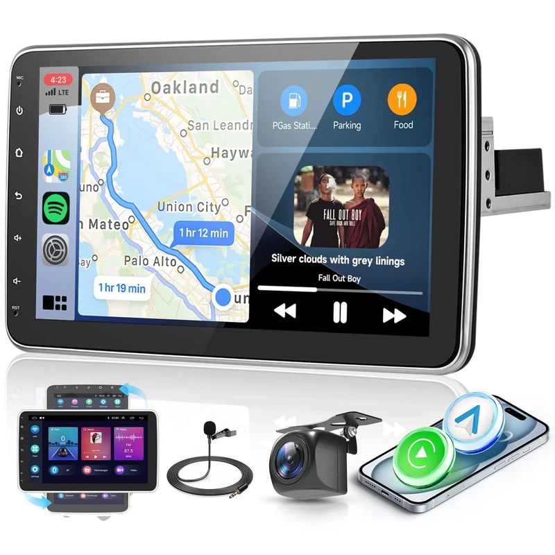 Hodozzy 2G 32G Car Stereo Android Single Din Touch Screen Wireless Apple Carplay GPS Android Auto, 10.1'' Rotatable Car Radio with Bluetooth WiFi HiFi FM SWC Rear View Camera