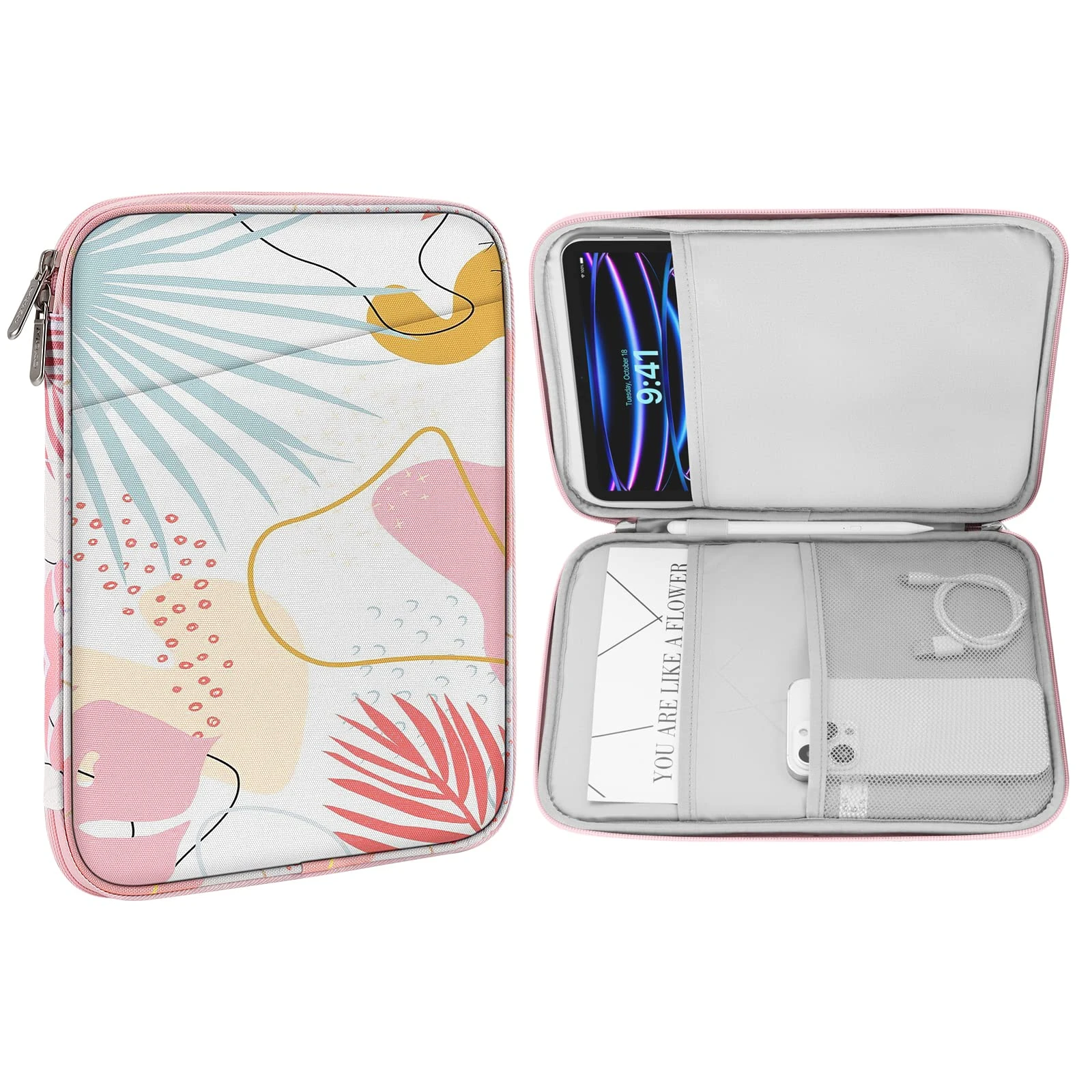 MoKo 9-11 Inch Tablet Sleeve Case, Fits iPad air 5/4 10.9" 2022, iPad Pro 11 M2 2022-2018, iPad 10th 10.9 2022, Galaxy Tab S8/A8/A7 2022, Protective Bag Carrying Case with Pocket, Tropical Leaf