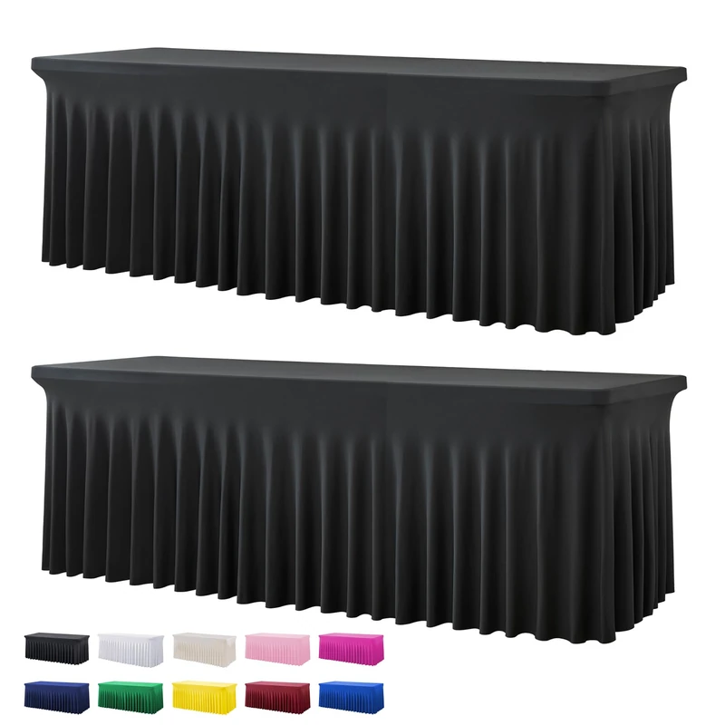 Htper 2 Pack Black Spandex Tablecloth for 8 Foot Rectangle Tables, Wrinkle Free Fitted Table Cloths 8ft Stretchy Table Clothes Cover Desk Skirt for Parties Weddings Birthday Banquet Baby Shower