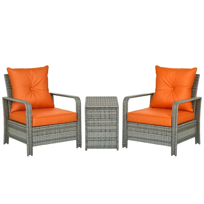 Outsunny 3 Pieces Rattan Bistro Set, Wicker Garden Furniture Set with Storage Coffee Table and Chairs, Thickened Cushions for Outdoor, Patio, Balcony, Orange