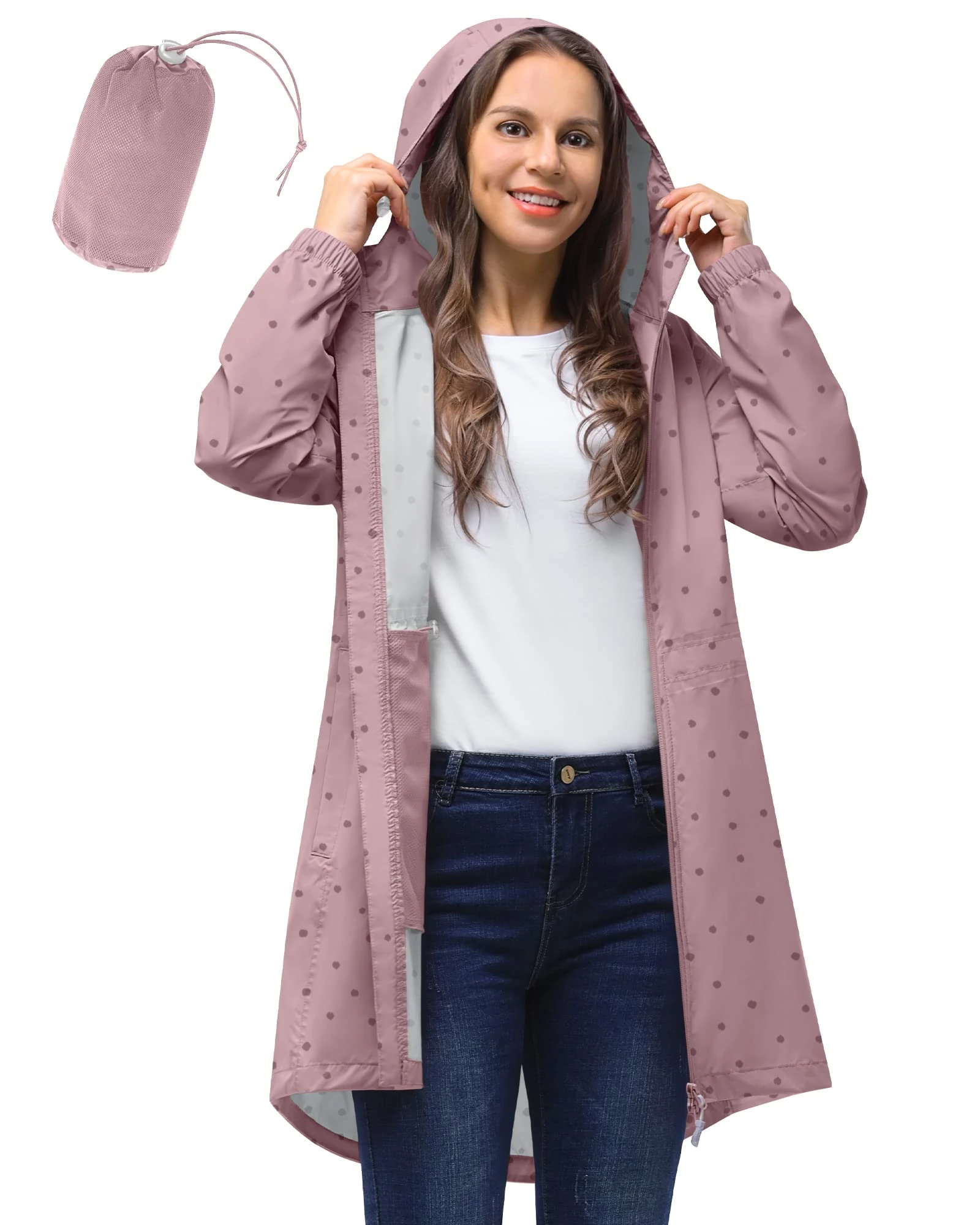 33,000ft Women's Rain Jacket Lightweight Hooded Long Rain Coat Waterproof Jacket Ladies Packable Functional Jacket Windbreaker Breathable Active Outdoor Coats Dotted Pink S/10