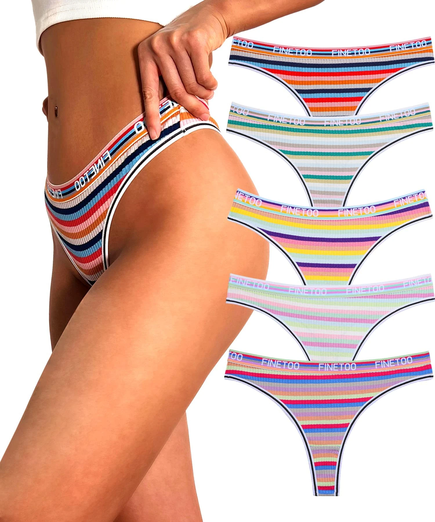 FINETOO Pack of 5 Thong Women's Cotton with Low Waist Sports Waistband Thongs Underpants Women Colourful Stripes Multipack S-XL