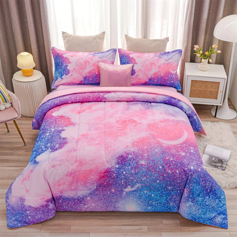 A Nice Night Galaxy Bedding Sets Outer Space Comforter 3D Printed Space Quilt Set Full 6Pcs Glitter Pink,for Children Boy Girl Teen Kids