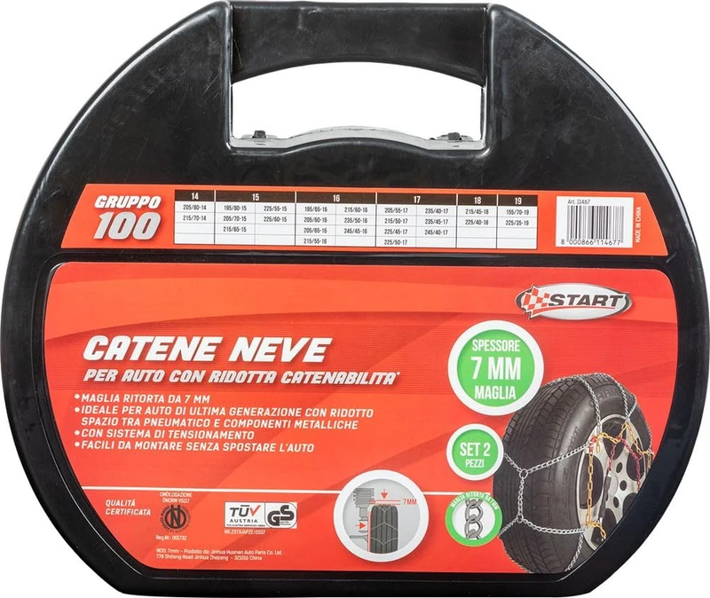 START Set of 2 Approved Snow Chains | Group 100 | Thickness 7 mm | Video Mounting on Board | Easy Installation in 3 Minutes | Maximum Quiet | Spare Links | Gloves Included